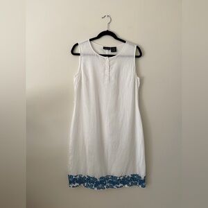 100% Linen Vintage Shift Dress White Blue Floral Embroidered Minimalist Womens 8